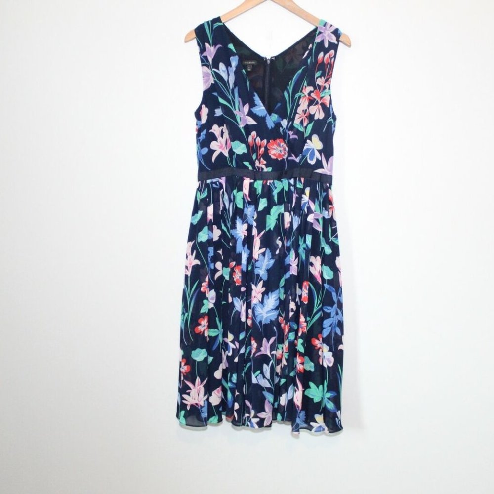 Talbots Floral V-Neck Chiffon Pleated Dress Ribbon Navy Women's Size 8 H12694 - Picture 2 of 11